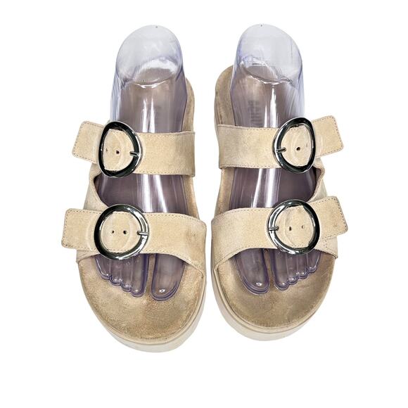 Schutz Light Tan Suede Double Buckle Flat Slip On Contoured Foodbed Sandals - Picture 2 of 9